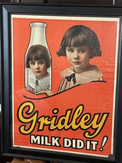 Antique Original Framed Advertising Poster * Gridley Milk Dairy Store Display Sign 1920s
