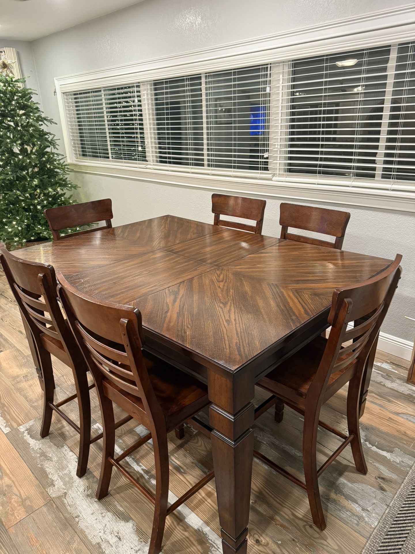 Brown Wood Wooden Table And Matching Six Chairs