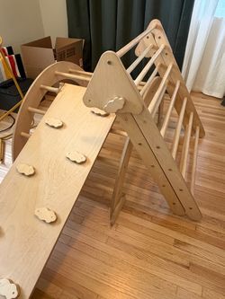 Wooden Pikler triangle, arch, and ramp climbing set
