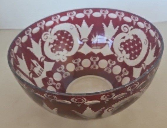 VTG 8” Ruby Red Flashed Cut  to Clear Bohemian Crystal Etched Glass Fruit Bowl 