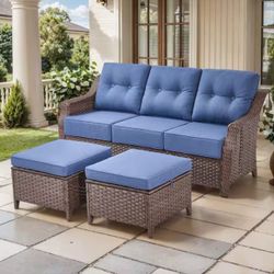 Modern Farmhouse 3-Seat Brown Wicker Outdoor Couch Set with 6 In. Blue Olefin Cushions /Patio Ottomans(3-Piece)
