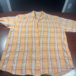Tommy Bahama Orange Plaid Long Sleeve Button Down Shirt Tencel