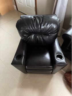 Kids Black Faux Leather Recliner with Cup Holders