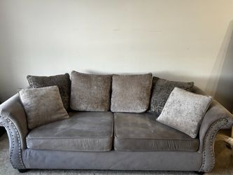 Gray Fabric Sofa with Nailhead Trim