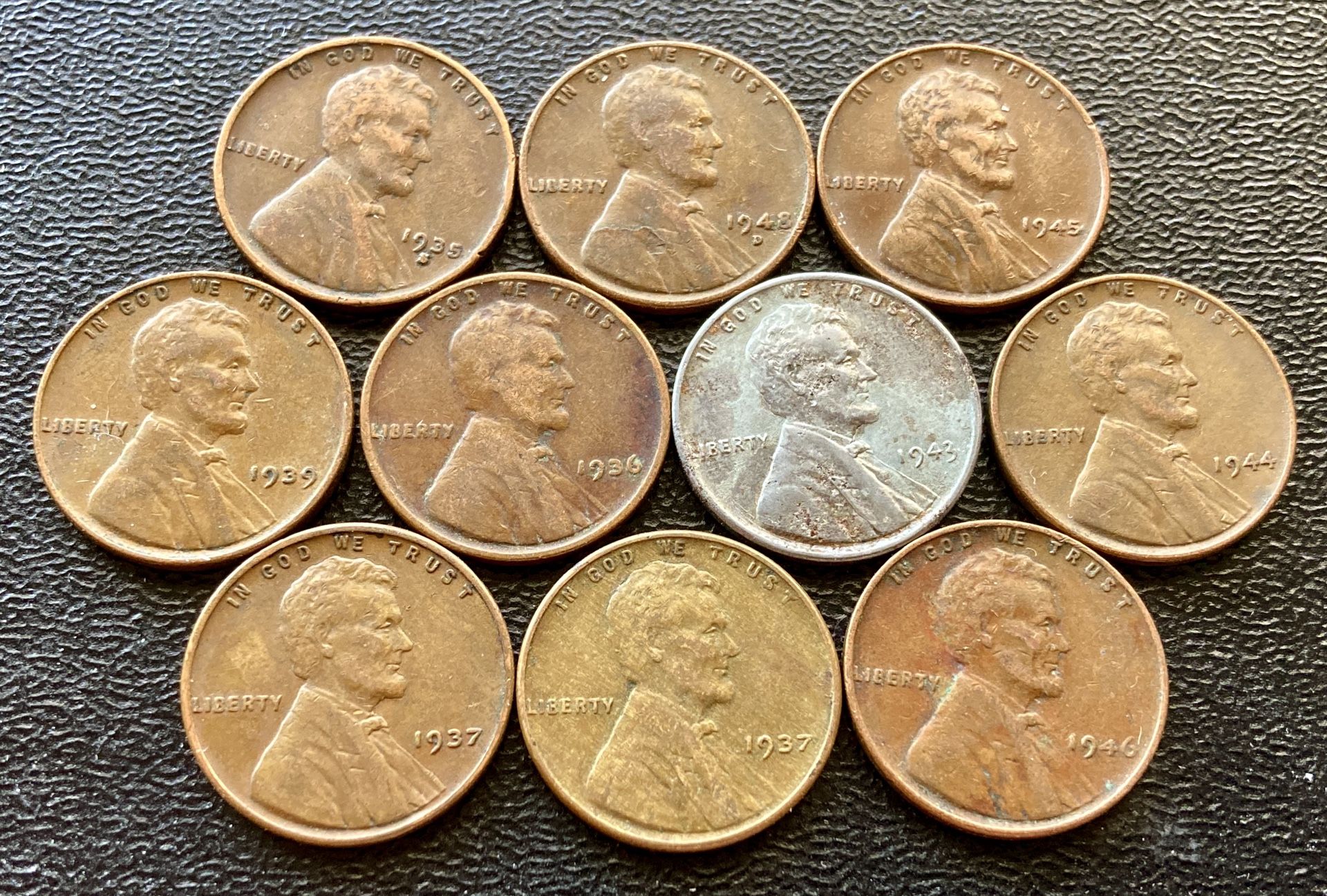 10 Vintage Wheat Cents 1935 To 1945 US Coins Steel 1943 WWII Pennies Penny
