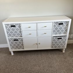 White Dresser With Baskets And Gold Knobs 