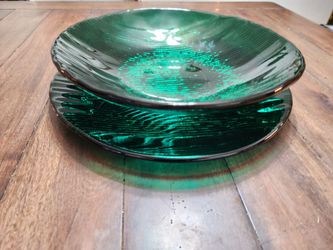 Vintage MCM LE Smith Emerald Green Ribbed Glass Bowl & Serving Platter