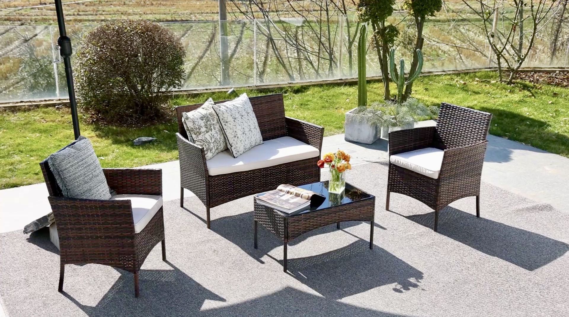 NEW Patio Furniture Set 4 Pieces, Outdoor Furniture W/ Soft Cushion & Glass Table - Loveseat !