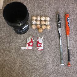 Bucket Of baseballs and Bats With Batting Gloves