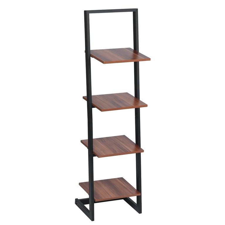 Insma Wooden 4 Tier Industrial Ladder Shelf Ladder Bookcase Bookshelf Bookshelves Plant Stand with Metal Frames, Brown