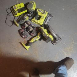 Ryobi Brushless Skillsaw,18guage Nial Gun,orbital Sander ,4 1/2 Inch Grinder ,and Multi Tool ,4 Batteries And Rapid Charger