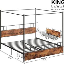 LIKIMIO Canopy Bed Frame King with Wooden Headboard and Drawer, King Size Bed Frame with 4 Removable Sturdy Posts, Noise Free, No Box Spring Needed, V