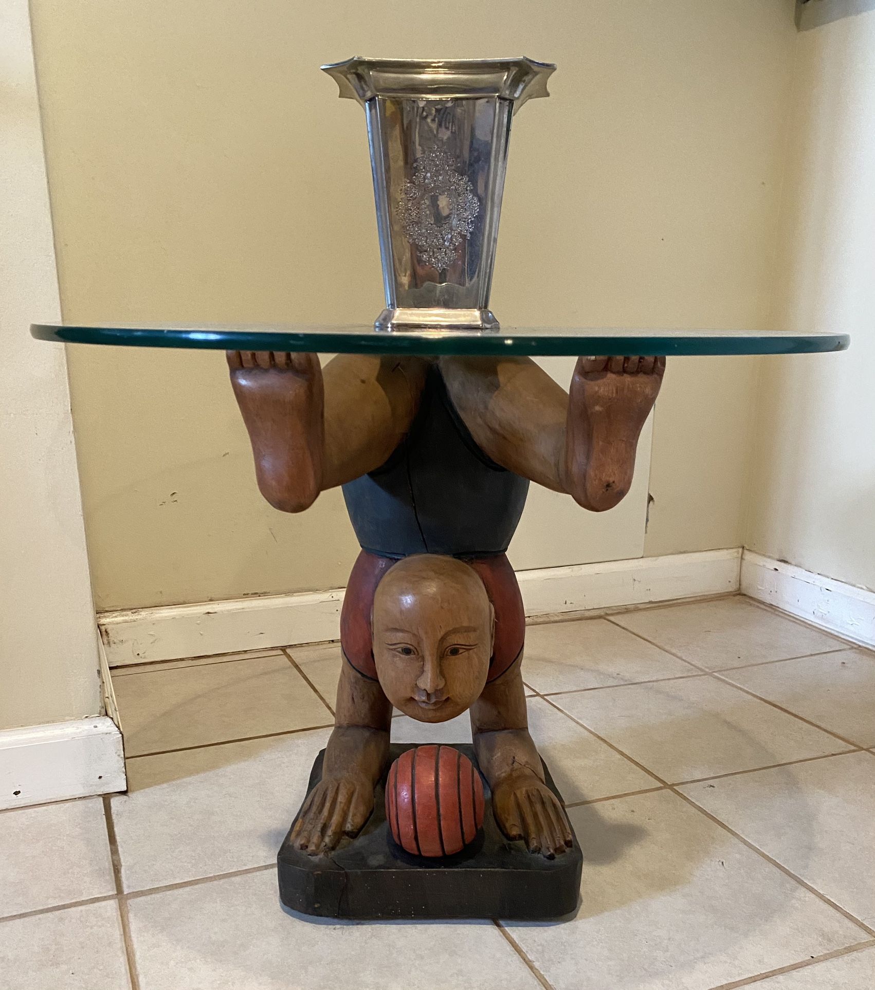 VINTAGE HAND MADE THAI WOOD SCULPTURE - BOY SIDE TABLE - COMES WITH 2 ROUND GLASSES - $250.00 each