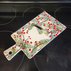 Crate & Barrel Cheese Board Plate Tray Christmas Holiday Holly Pine Tree Berry