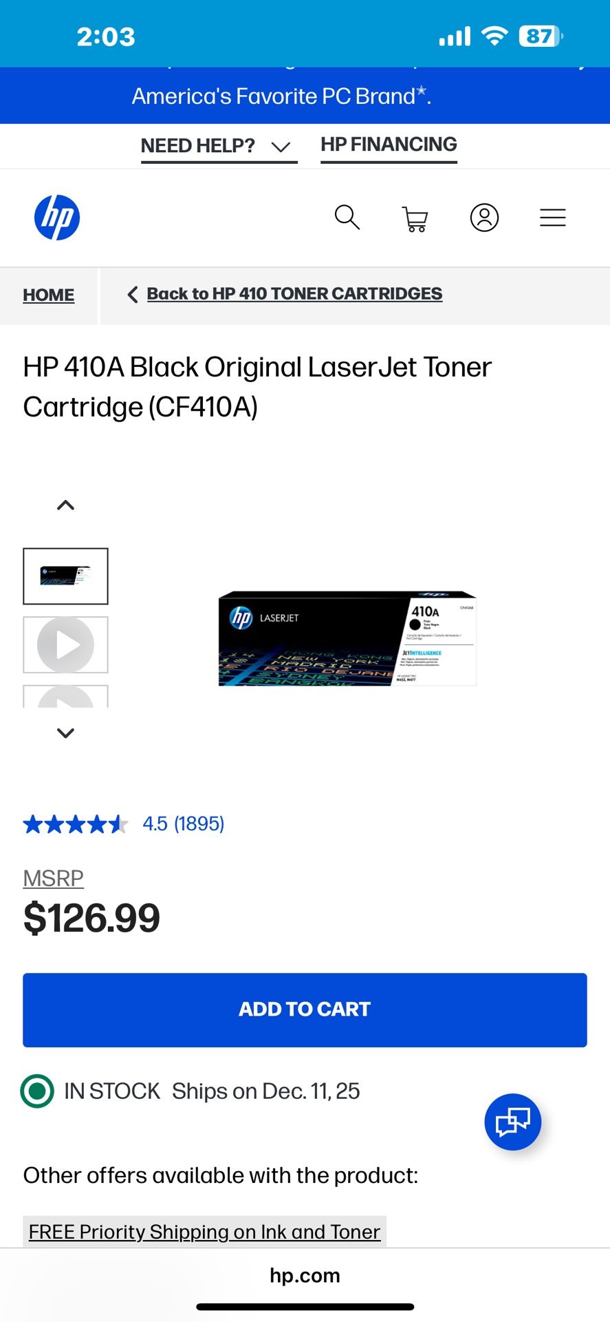 Hp Lazerjet 410A Black