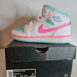 Jordan 1 Mid White Pink Green Soar (GS) 6y