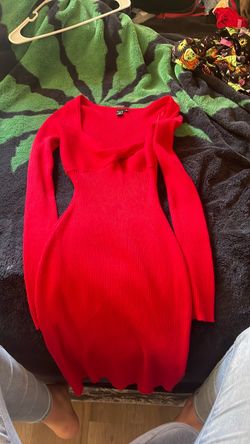 Red Ribbed Knit Long Sleeve Mini Dress