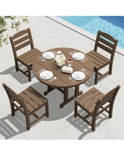 SERWALL 5-Piece Patio Dining Sets, HDPE Outdoor Table and Chairs Furniture Set, 45" Round Dining Table and 4 Armless Dining Chairs, Brown brand new in