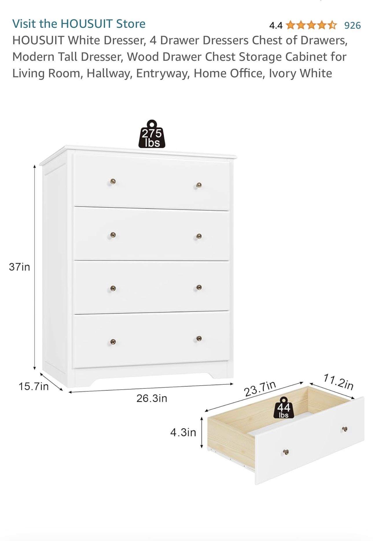 HOUSUIT White Dresser, 4 Drawer Dressers Chest of Drawers, Modern Tall Dresser, Wood Drawer Chest Storage Cabinet for Living Room, Hallway, Entryway, 