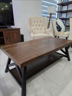 Rustic Farmhouse X-Frame Coffee Table with Storage Lower Shelf