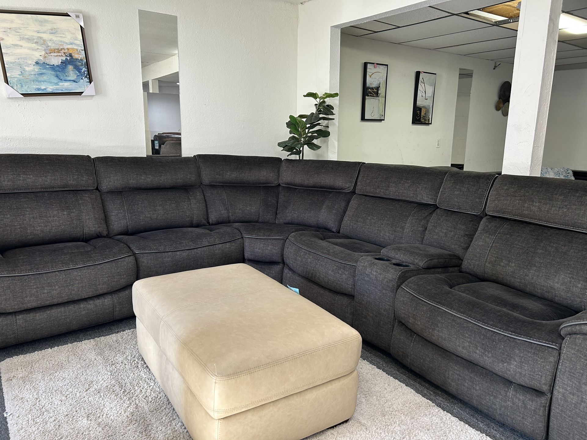 Furniture- 5 Pc High Performance Fabric Sectional With 3 Power Recliner- Hutchenson