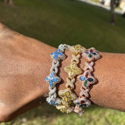 Flower 4 Leaf Clover Iced Out Multicolor Chains & Bracelet Rose Gold Gold | Pink | Silver | Blue