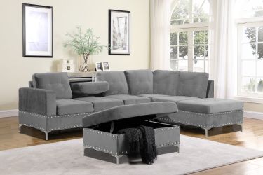 Brand new grey velvet reversible storage sectional