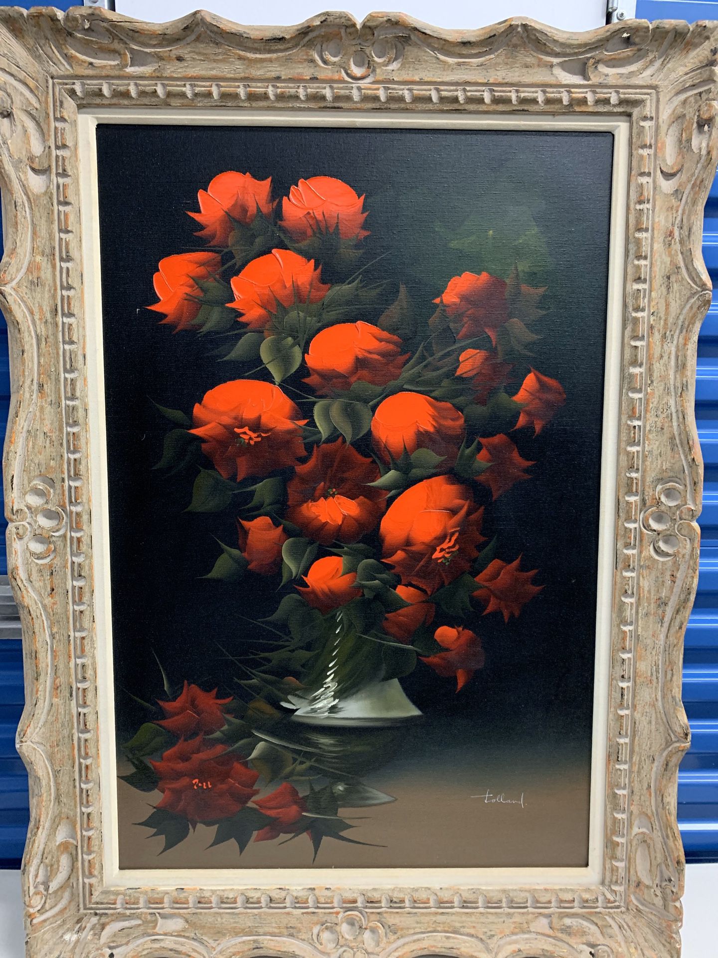 TOLLAND, Still Life of Roses, Oil Painting Framed Signed Mid Century Red Floral