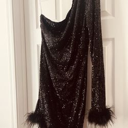 NEW Sparkling Desire Black Sequin Feather One-Shoulder Mini Dress L