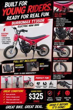 Burromax TT350R Electric Mini Bike – Kids Dirt Bike w/ Charger & Keys ⚡🏍️