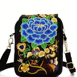 Blue flower Women's Embroidered Crossbody Bag, Small Canvas Shoulder Bag