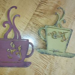 Vtg Metal Art Coffee Tea Cup Picture Signs 12" Tall Farmhouse Wall Decor