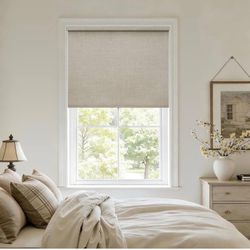 Blackout Roller Shades for Bedroom Window Cordless Free-Stop Blinds with Valance UV Protection 100% Black Out Linen Shades Blinds for Indoor Bathroom