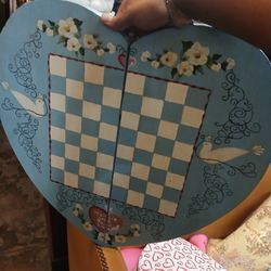 Vintage Heart Shaped Folk Art Checkerboard Game, Home Decor
