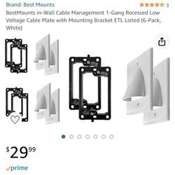 BestMounts in-Wall Cable Management 1-Gang Recessed Low Voltage Cable Plate with Mounting Bracket ETL Listed (6-Pack, White)