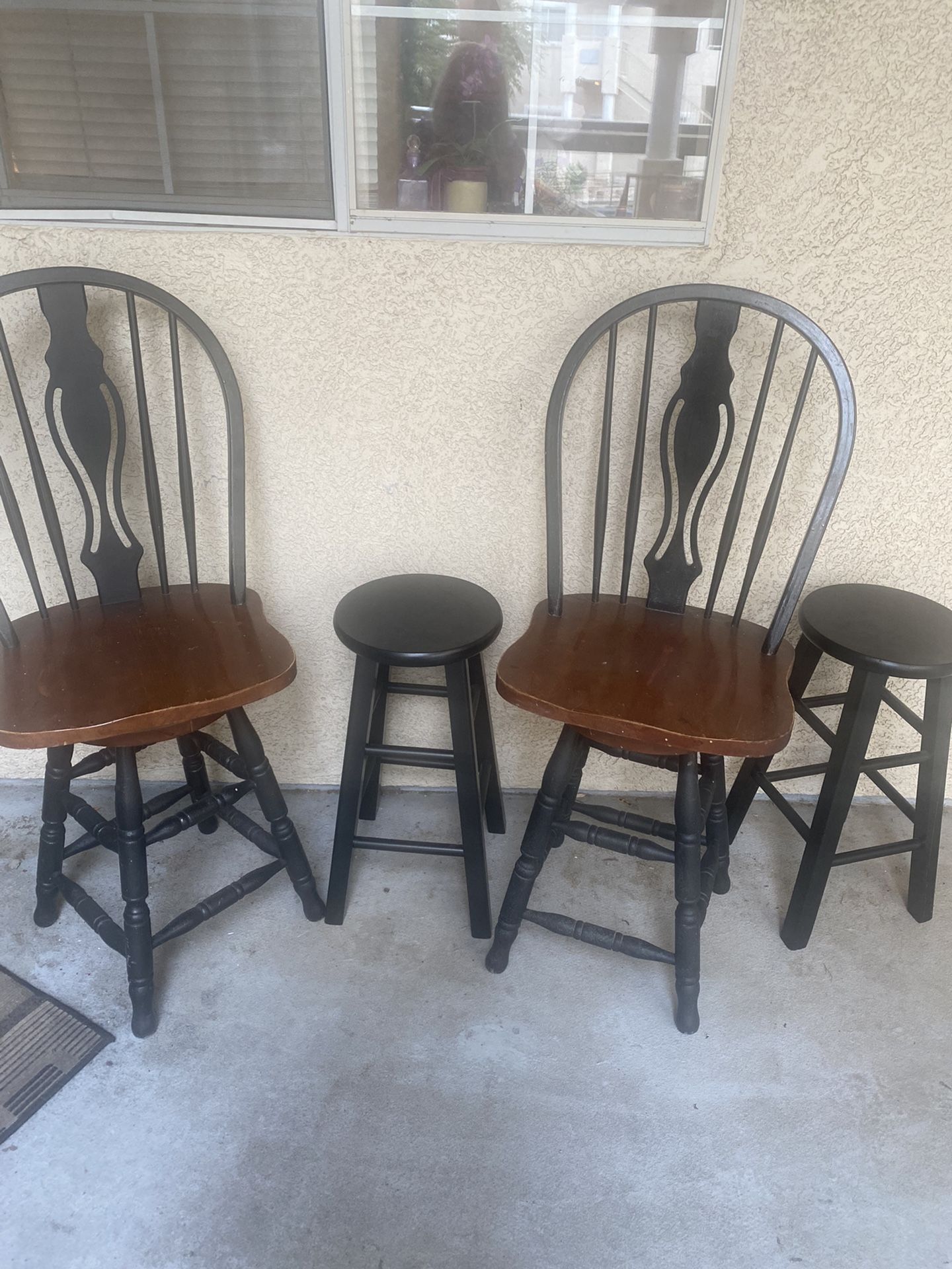 2 Wooden Swivel Stools And 2 Black Stools