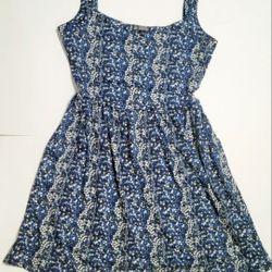  Navy Blue and White Floral Print Sun Dress Sleeveless Size M 
