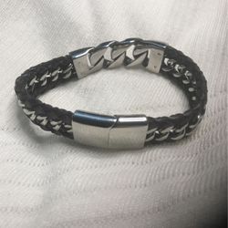 Bracelet Mens Leather & Stainles Steel
