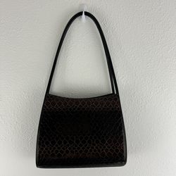 Vintage 90s Black Dark Brown Shiny Faux Leather Croc Embossed Shoulder Bag