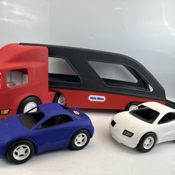 Little Tikes Semi Car Hauler Truck Trailer  Carrier 2 Cars Red Black