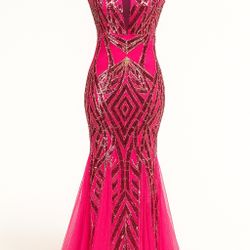 Hot Pink Mermaid Gown with Geometric Sequins – Elegant Off-Shoulder Tulle Train Evening Dress-XS
