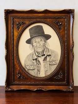 Original 1978 Western Realism Charcoal Portrait by Judi Featheruff - Convex Bubble Glass Frame