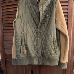 Size Lrg- LRG Vintage Bomber Jacket Forest Green Zip & Button Up Hidden Pocket