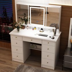 Large Vanity Desk with Open Mirror and Lights, Makeup Vanity Desk Makeup Desk with Crystal Handles, Cushion Stool not Included, White 43.3”W x 19.7”D 