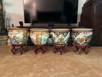 Four Oriental Asian Porcelain Fishbowl Planters/Jardinieres