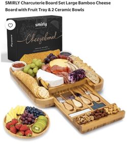 SMIRLY Charcuterie Board Set Large Bamboo Cheese Board with Fruit Tray & 2 Ceramic Bowls