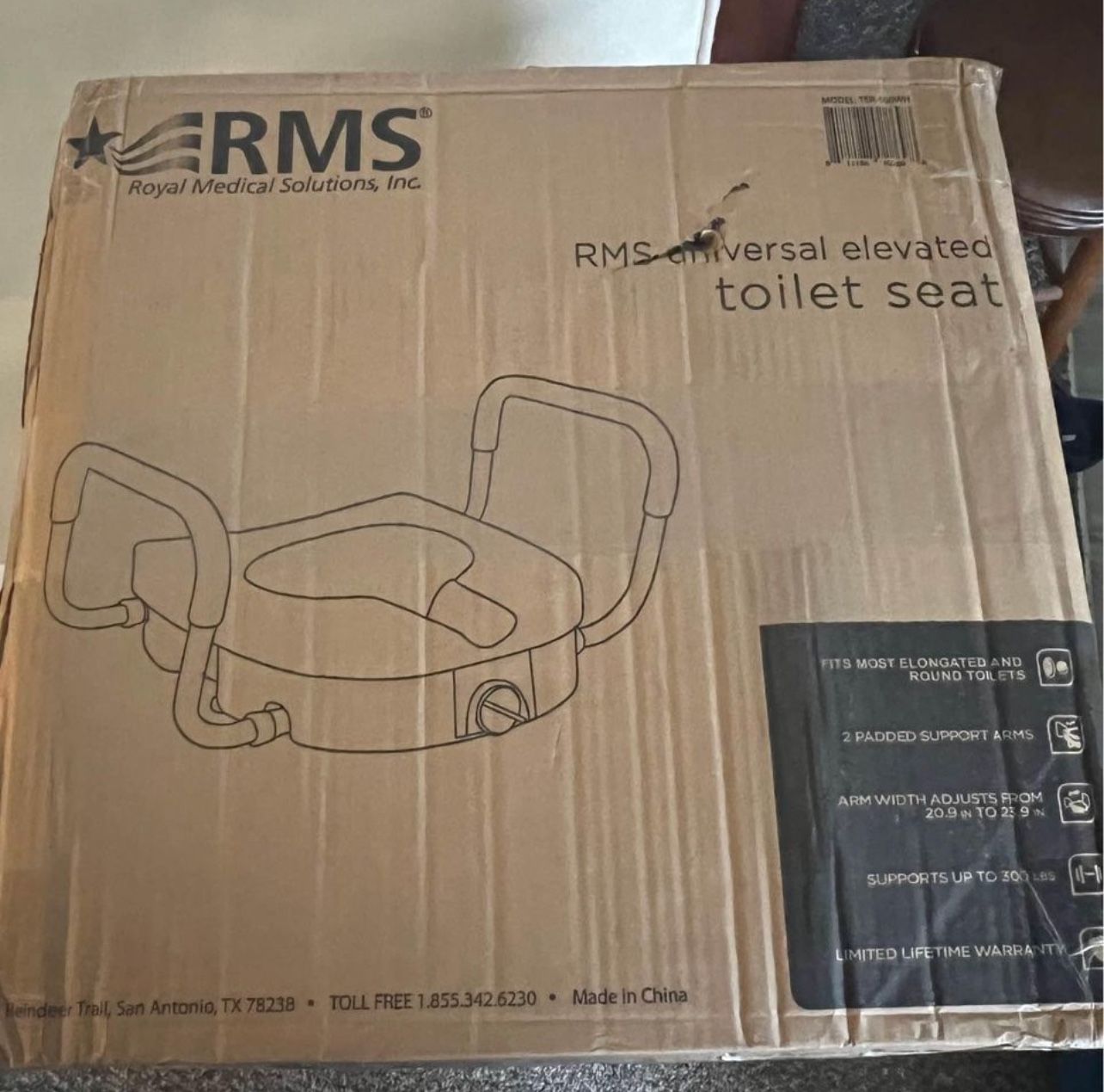 RMS Raised Toilet Seat - 5 Inch Elevated Riser with Adjustable Padded Arms