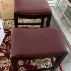 Two Leather Stools - Burgundy Seat 