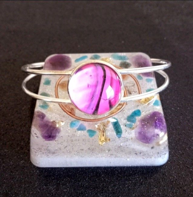 Pink and black acrylic paint pour silver cuff bracelet NEW