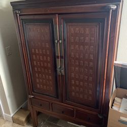 Antique Chinese 2-Toned Cabinet w Inlaid Calligraphy Motifs & Drawers 